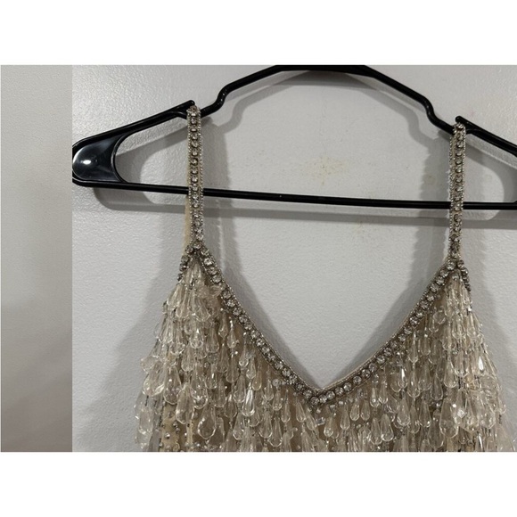 Mac Duggal 10101 Nude Silver V-Neck Column Gown with Fringe Embellishments Sz 0 - Picture 8 of 12